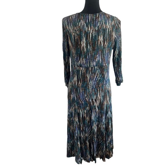 Karen Kane Faux Wrap Flare Dress Blue Jazz Stretch Patterned Large - Picture 4 of 9